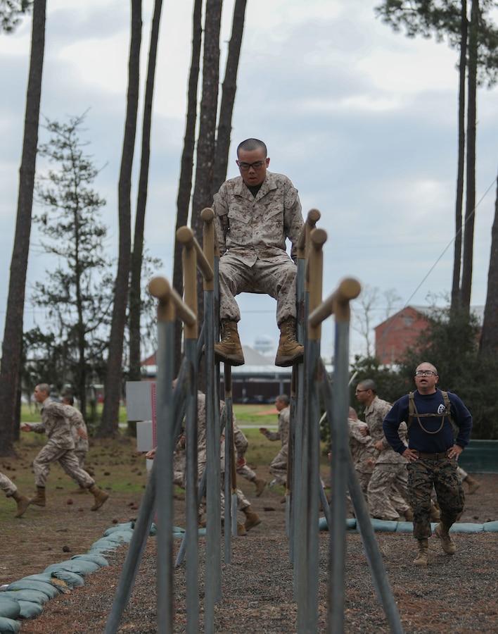 Recruits with Mike Company, 3rd Recruit Training Battalion, navigate the Confidence Course at Marine Corps Recruit Depot Parris Island, S.C., Feb. 21, 2023.

The Confidence Course is composed of various obstacles that both physically and mentally challenge recruits. (U.S. Marine Corps photo by Lance Cpl. Brenna Ritchie)