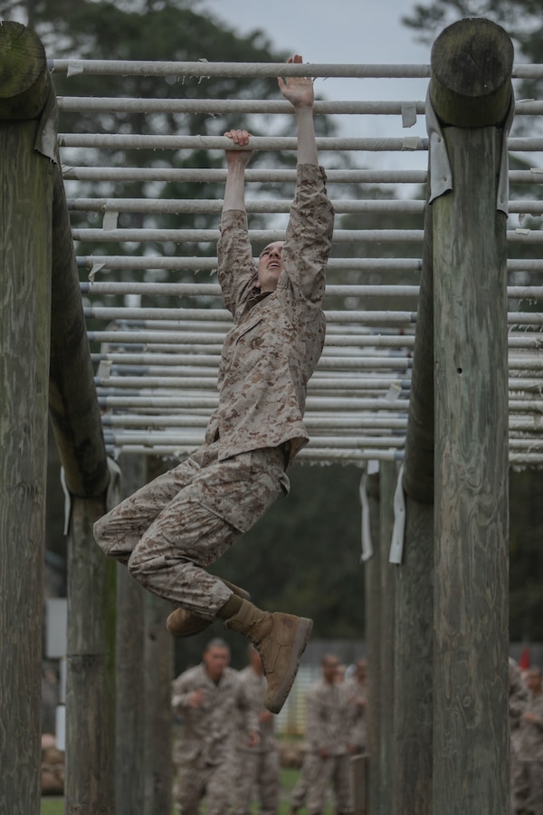 Recruits with Mike Company, 3rd Recruit Training Battalion, navigate the Confidence Course at Marine Corps Recruit Depot Parris Island, S.C., Feb. 21, 2023.

The Confidence Course is composed of various obstacles that both physically and mentally challenge recruits.(U.S. Marine Corps photo by Lance Cpl. Brenna Ritchie)