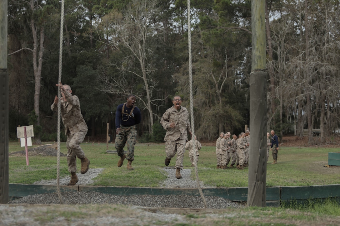 Recruits with Mike Company, 3rd Recruit Training Battalion, navigate the Confidence Course at Marine Corps Recruit Depot Parris Island, S.C., Feb. 21, 2023.

The Confidence Course is composed of various obstacles that both physically and mentally challenge recruits. (U.S. Marine Corps photo by Lance Cpl. Brenna Ritchie)
