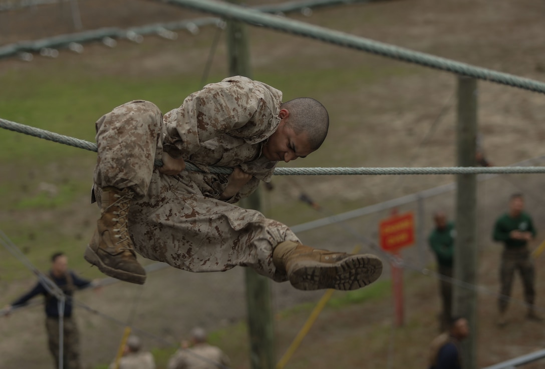 Recruits with Mike Company, 3rd Recruit Training Battalion, navigate the Confidence Course at Marine Corps Recruit Depot Parris Island, S.C., Feb. 21, 2023.

The Confidence Course is composed of various obstacles that both physically and mentally challenge recruits. (U.S. Marine Corps photo by Lance Cpl. Brenna Ritchie)