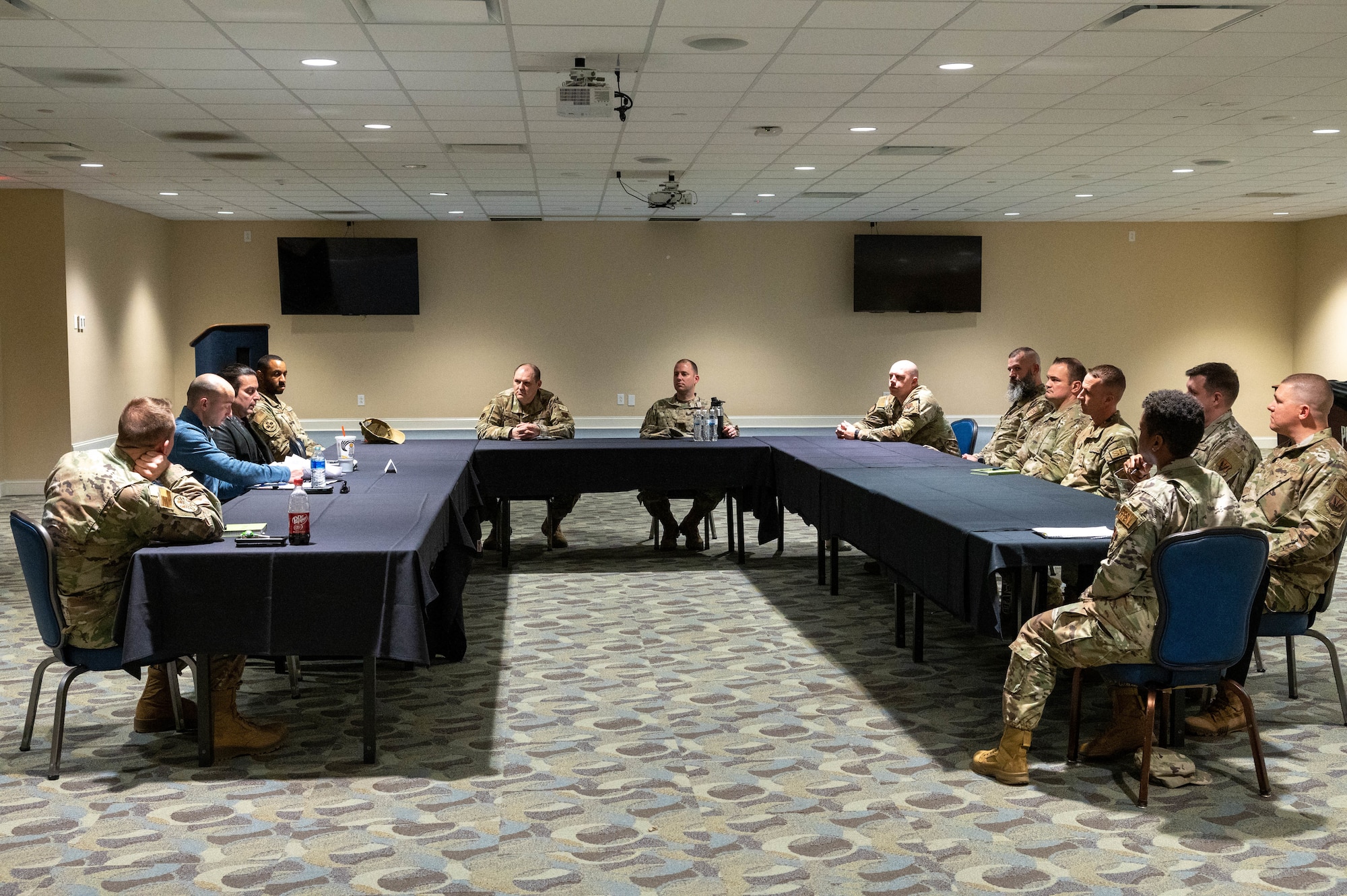 Senior enlisted Airmen assigned to the 4th Fighter Wing discuss concerns with members from the  House Appropriations committee as part of a senior enlisted panel at Seymour Johnson Air Force Base, North Carolina, Feb. 23, 2023. The biggest topic discussed was increasing retention in the military as a whole. (U.S. Air Force photo by Senior Airman Taylor Hunter)