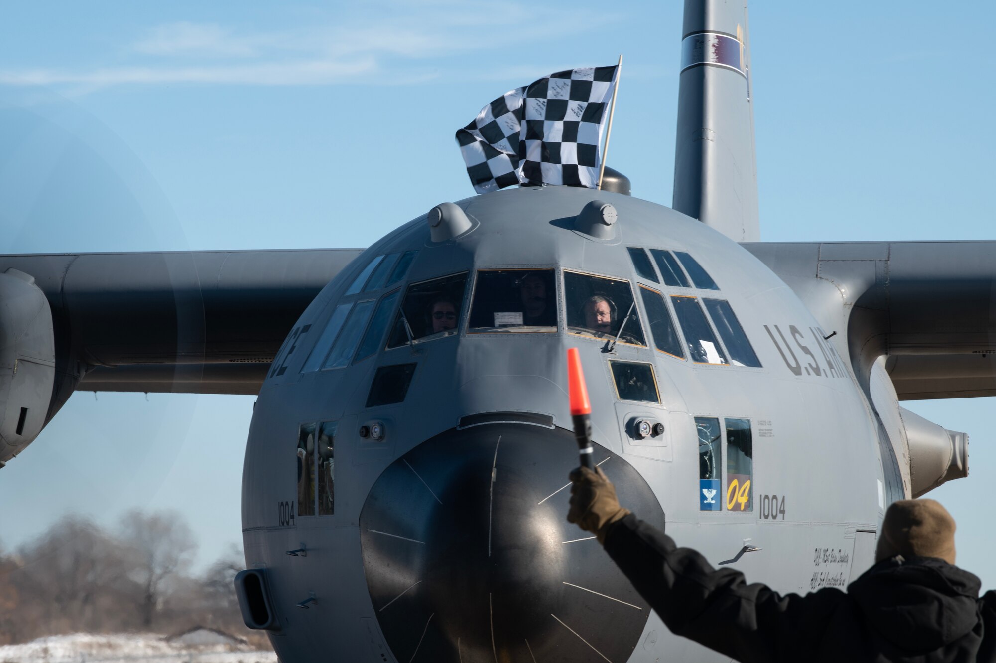 U.S. Air Force Col. James Cleet, 133rd Airlift Wing commander, taxies a C-130 Hercules during his fini-flight in St. Paul, Minn., Feb. 13, 2023.