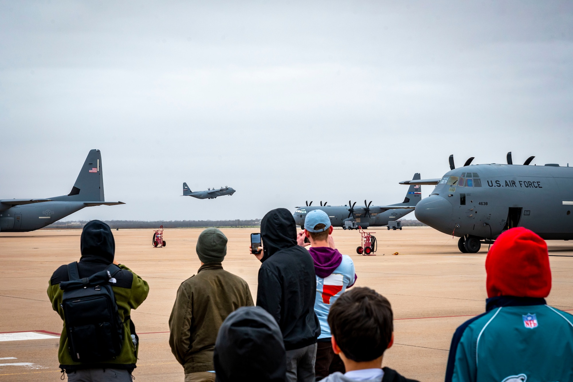 A U.S. Air Force C-130J Super Hercules carrying service members from the 317th Airlift Wing takes off on the flight line for a deployment at Dyess Air Force Base, Texas, Feb. 25, 2023. Members from the 317th were deployed to the Middle East in support of the U.S. Central Command’s continued mission of enabling military operations and activities with allies and partners to increase regional security and stability in support of enduring U.S. interests. (U.S. Air Force photo by Senior Airman Leon Redfern)