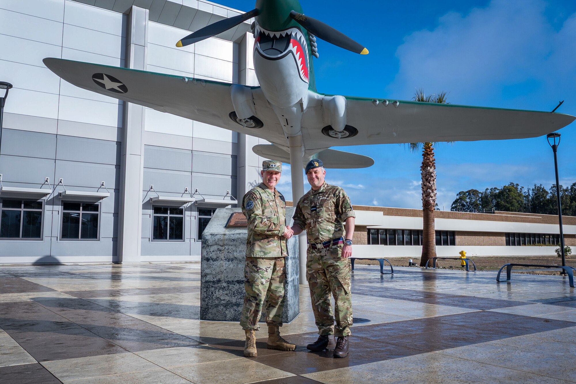 U.K. Royal Air Force Air Commodore Adam Bone, U.K. Space Command (UKSPACECOM) director of operations, plans and training, meets with U.S. Space Force Maj. Gen Douglas A. Schiess, Combined Force Space Component Command (CFSCC) commander, at CFSCC headquarters on Vandenberg Space Force Base, Calif., Feb. 27, 2023. Bone's visit aimed to build a deeper understanding of the CFSCC, Combined Space Operations Center (CSpOC) and 18th Space Defense Squadron mission and focus areas in order to strengthen the U.S.-U.K. space partnership and enhance collaboration between the U.K. Space Operations Centers and the CSpOC. (U.S. SpaceForce photo by Tech. Sgt. Luke Kitterman)