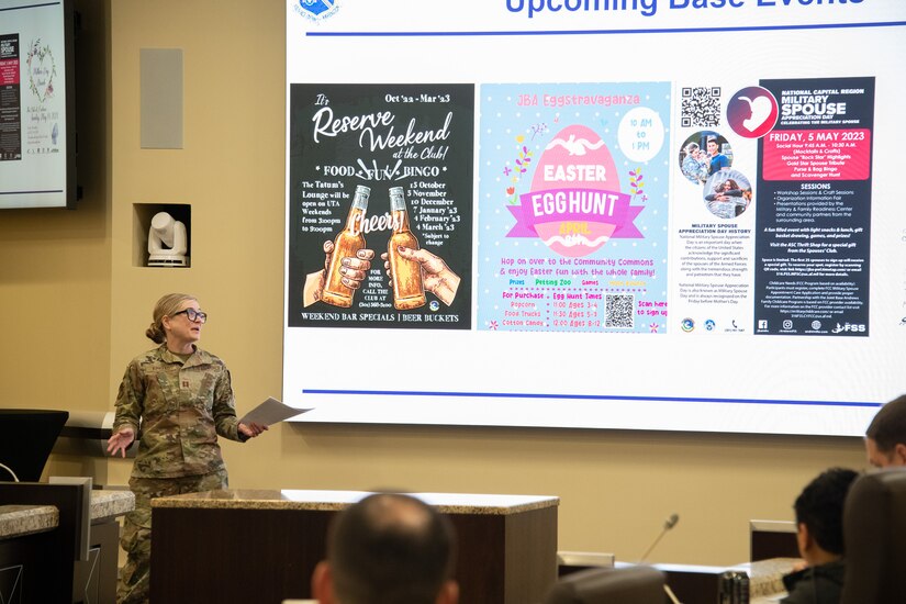 Capt. Rachel Kinkead, 316th Force Support Squadron operations officer informs the Quality of Life council at Joint Base Andrews
