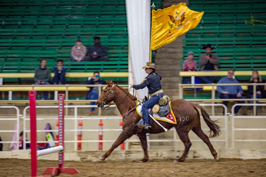 A soldier holds a flag while riding a horse in a stadium.