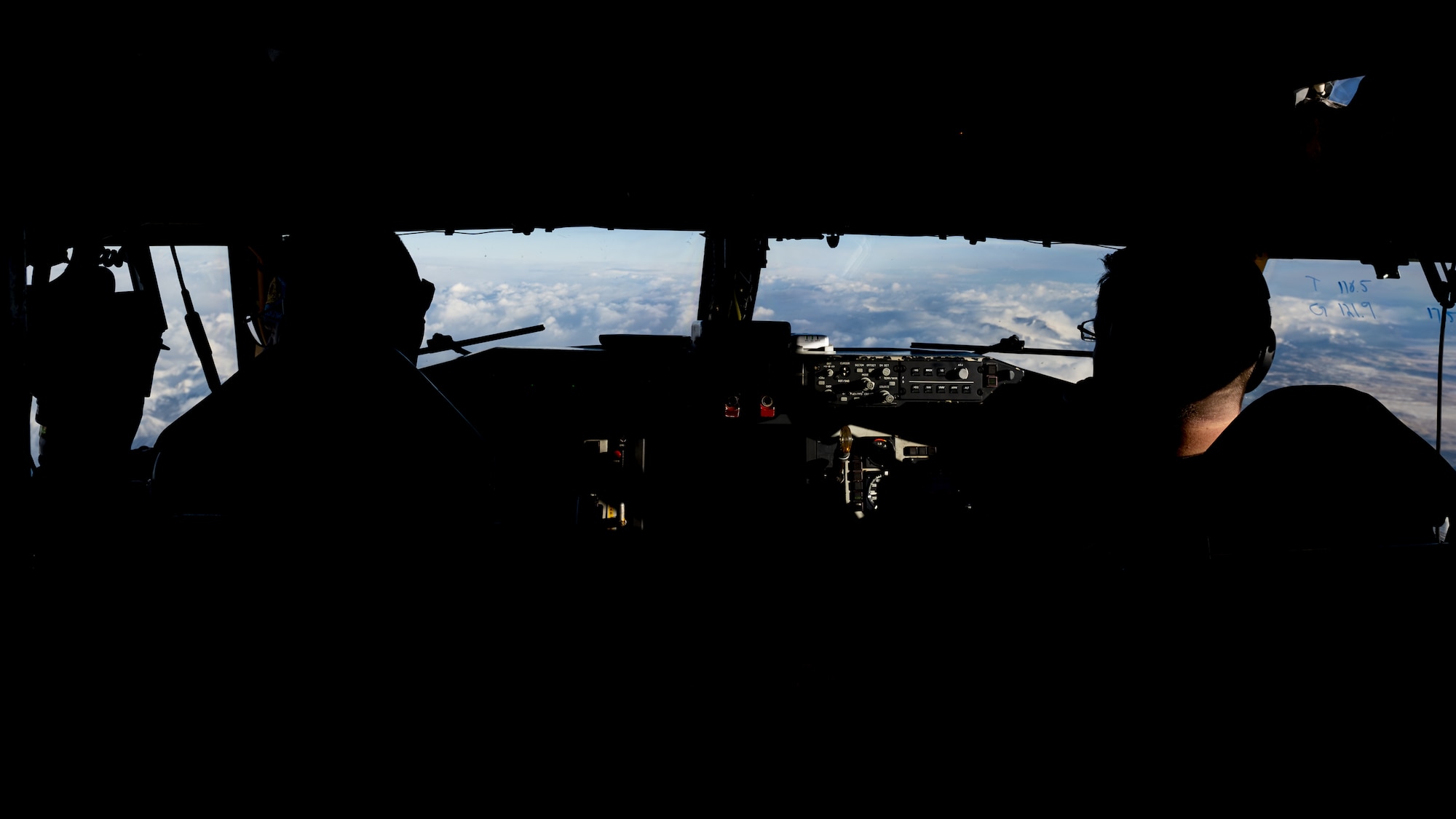 U.S. Air Force Capt. Connor Brown (left), 384th Air Refueling Squadron KC-135 Stratotanker pilot and Capt. Eric Roach (right), 92nd Operations Support Squadron KC-135 pilot, fly during Fairchild’s Phase Two preparation exercise for Air Mobility Command’s capstone exercise, Mobility Guardian 2023, Feb. 14, 2023. The Phase 2 exercise emphasized aircrew endurance, dynamic air refueling concepts, testing of a variety of the KC-135 mission sets, and included an advanced 72-hour endurance event. (U.S. Air Force photo Staff Sgt. Lawrence Sena)