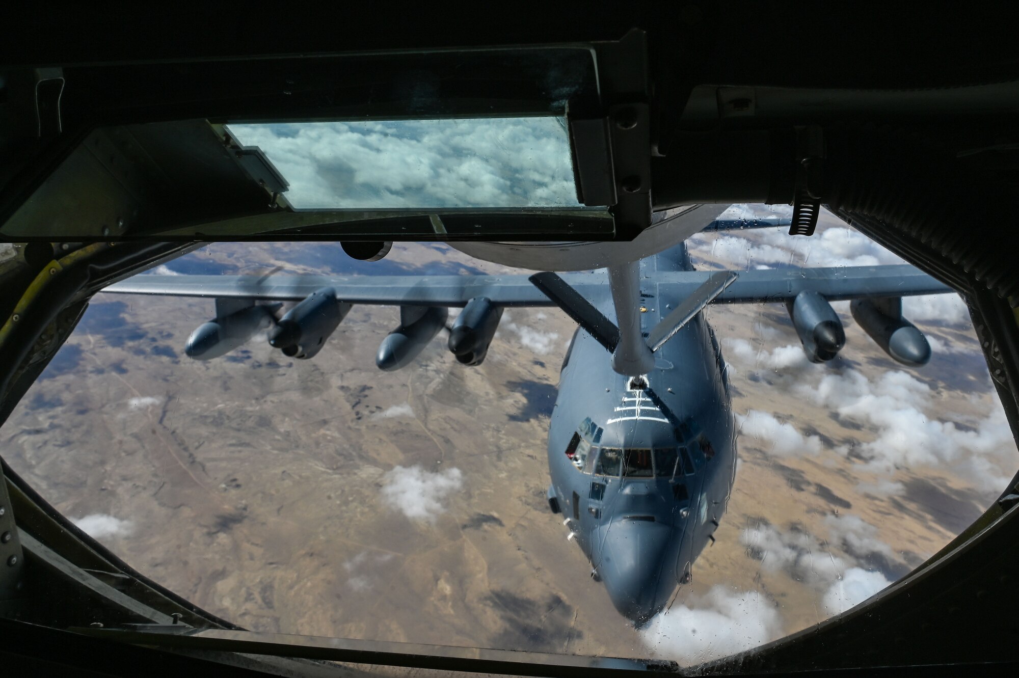A U.S. Air Force KC-135 Stratotanker refuels a HC-130J during an endurance exercise at Roswell, New Mexico, Feb. 17, 2023. The exercise emphasized aircrew endurance, dynamic air refueling concepts, testing of a variety of the KC-135 mission sets, and included an advanced 72-hour endurance event. (U.S. Air Force photo by Airman 1st Class Haiden Morris)