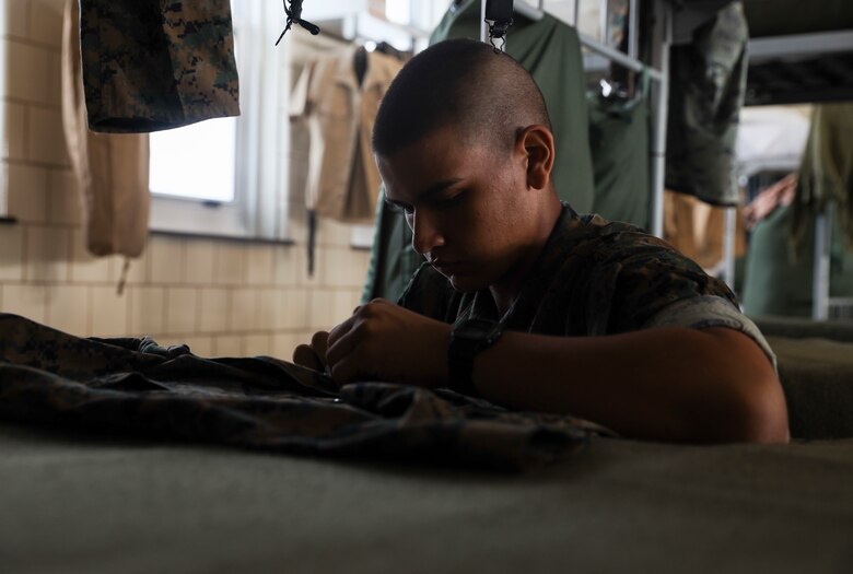 Pvt. Liam Brooks, with Papa Company, 4th Recruit Training Battalion, tells his story of his life and how he has decided to better it for himself, on Marine Corps Recruit Depot Parris Island, S.C., Nov. 5, 2021. Brooks grew up homeless and turned to the Marine Corps for an oppurtunity for a better future. (U.S. Marine Corps photo by Cpl. Godfrey Ampong)