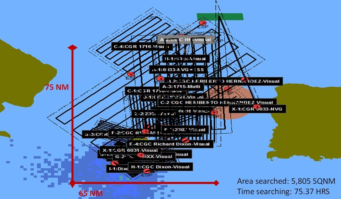 Coast Guard search for an overdue fisherman was suspended pending further developments March 1, 2023, following a five-day search and rescue operation in the Mona Passage. Still missing is Wilson Negrón, who is one of two fishermen reported overdue in this case. Coast Guard air and surface units conducted 24 searches covering and area of approximately 5,805 square nautical miles within the Mona Passage, an area approximately 1.5 times the size of Puerto Rico. (U.S. Coast Guard graphic)
