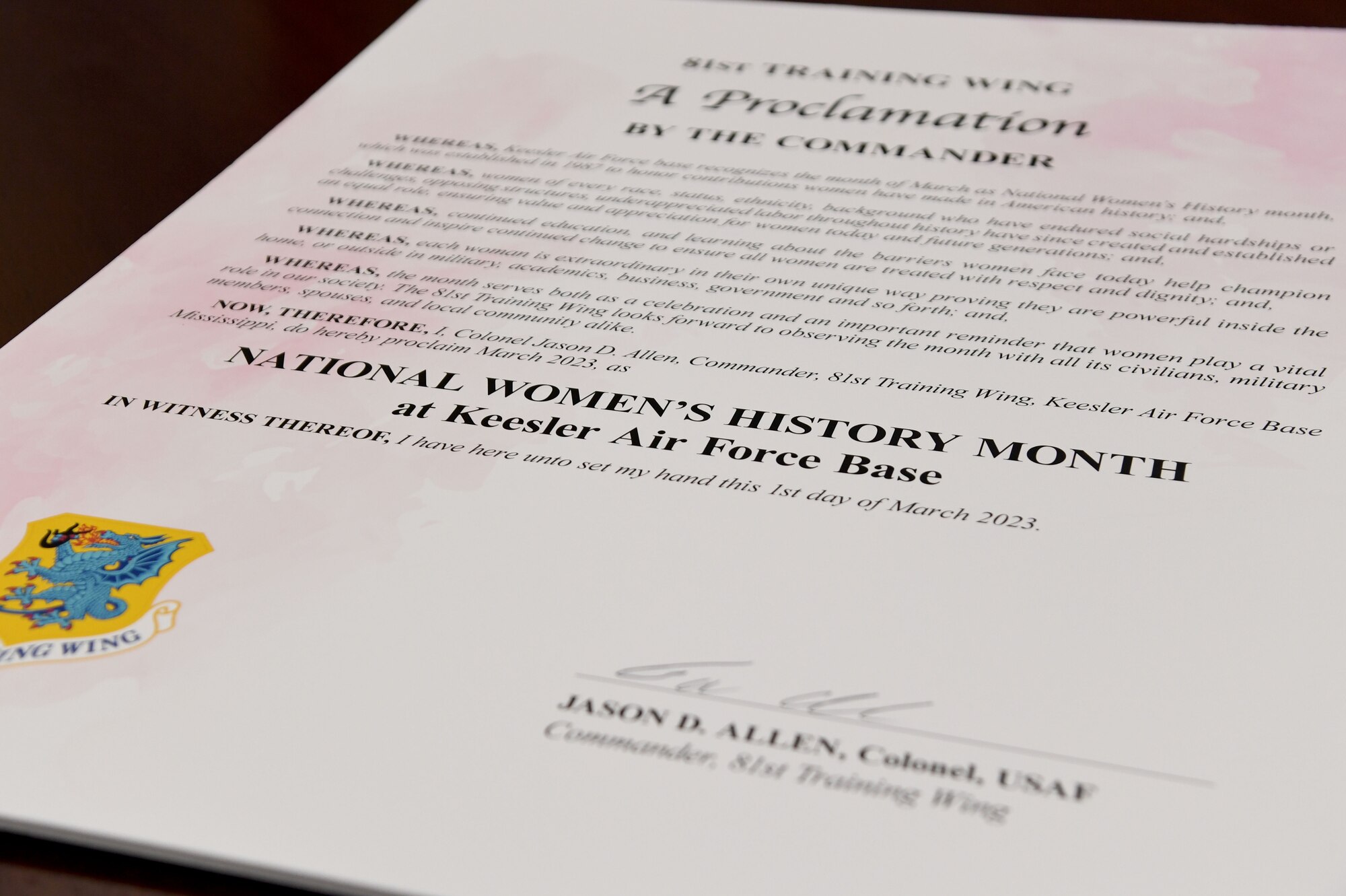 The National Women's History Month Proclamation is displayed inside the 81st Training Wing headquarters building at Keesler Air Force Base, Mississippi, March 1, 2023.