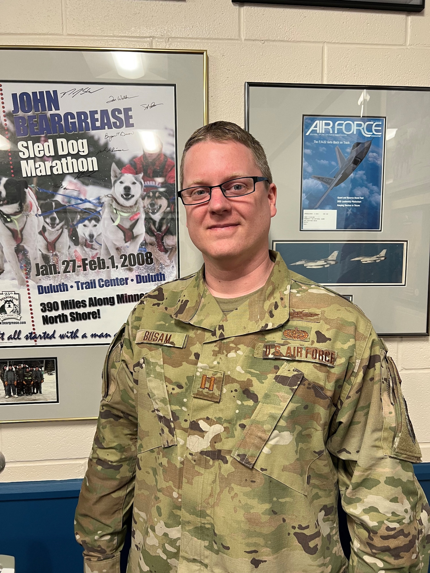 U.S. Air National Guard Communications Flight Director, Capt. Andrew Busam, poses for a photo at the 148th Fighter Wing, Minnesota Air National Guard on February 16, 2023. Busam is one of seven airmen assigned to the 148th Fighter Wing who earned the highest possible ASVAB AFQT score of 99.