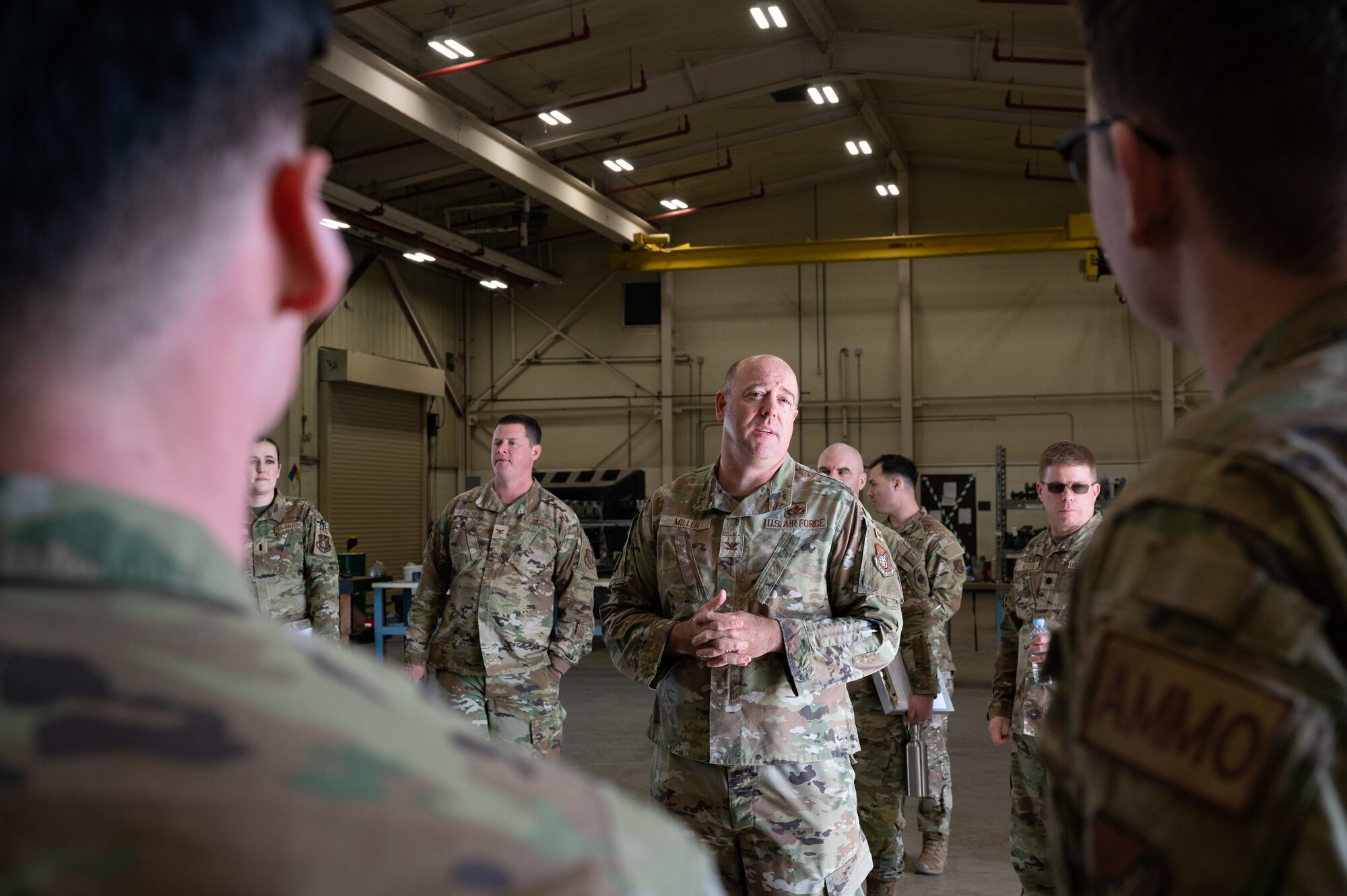Col. Patrick Miller’s, Pacific Air Forces logistics, engineering and force protection director, speaks with several 8th Maintenance Squadron munitions flight Airmen at Kunsan Air Base, Republic of Korea, Feb. 28, 2023. Miller took time to thank service members for their contributions to the Wolf Pack and U.S. Air Force’s mission. (U.S. Air Force photo by Staff Sgt. Sadie Colbert)