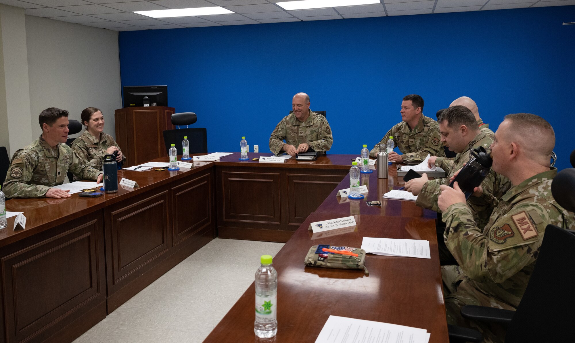 Col. Patrick Miller (center), Pacific Air Forces logistics, engineering and force protection director, speaks with 35th Fighter Generation Squadron leaders at Kunsan Air Base, Republic of Korea, Feb. 28, 2023. The 35th FGS highlighted their assets’ strengths and capabilities, then talked through their operational plans for future missions in dispersed locations through the Indo-Pacific region. (U.S. Air Force by Staff Sgt. Sadie Colbert)