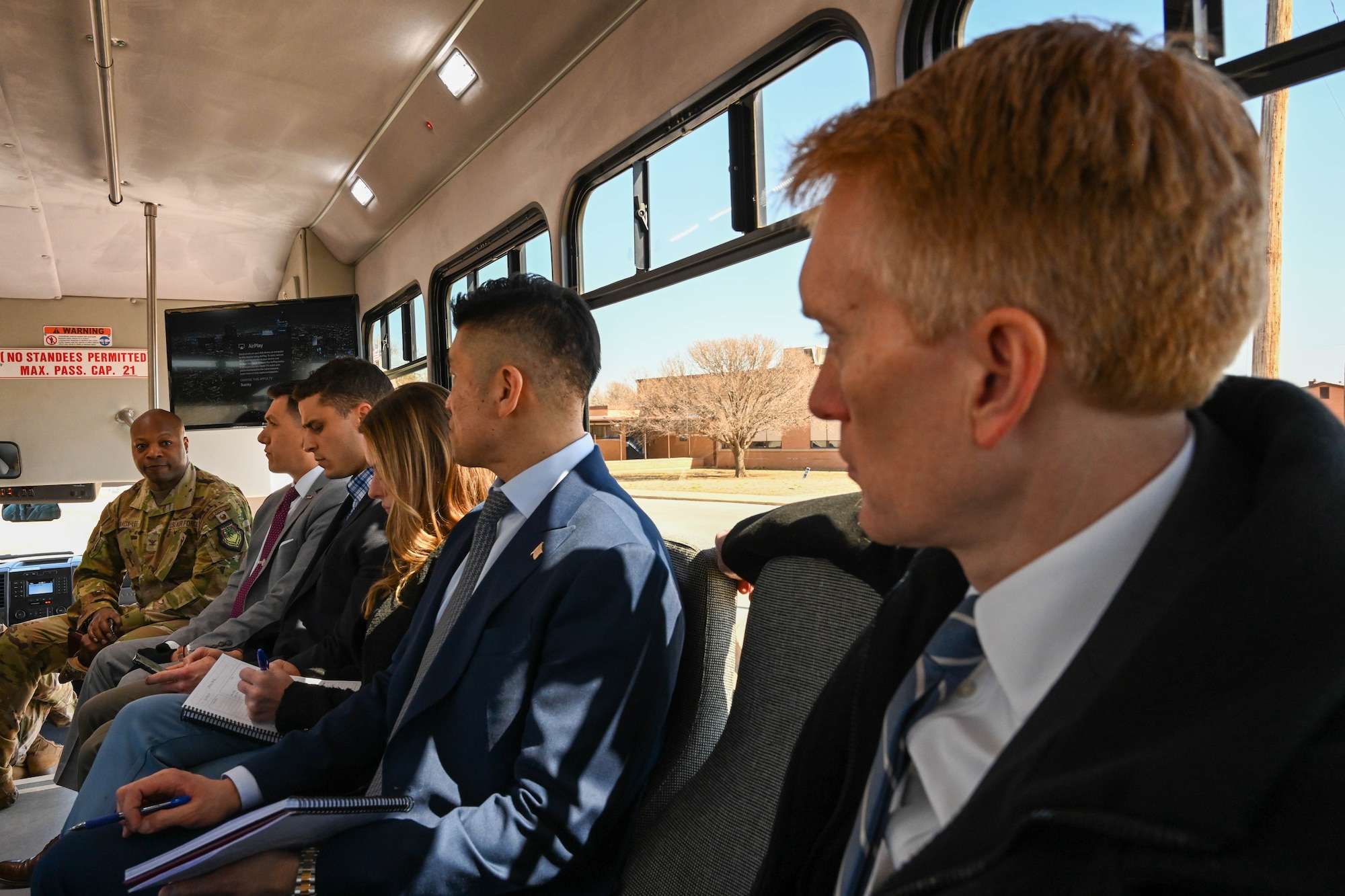 U.S. Air Force Col. Patrick Brady-Lee (left), 97th Air Mobility Wing (AMW) vice commander, briefs U.S. Sen. James Lankford of Oklahoma (right), about the wing’s mission while touring Altus Air Force Base, Oklahoma, Feb. 23, 2023. Airmen and key spouses from the 97th AMW showcased the wing’s mission along with projects that will enhance quality of life for Airmen and families at Altus AFB. (U.S. Air Force photo by Senior Airman Trenton Jancze)