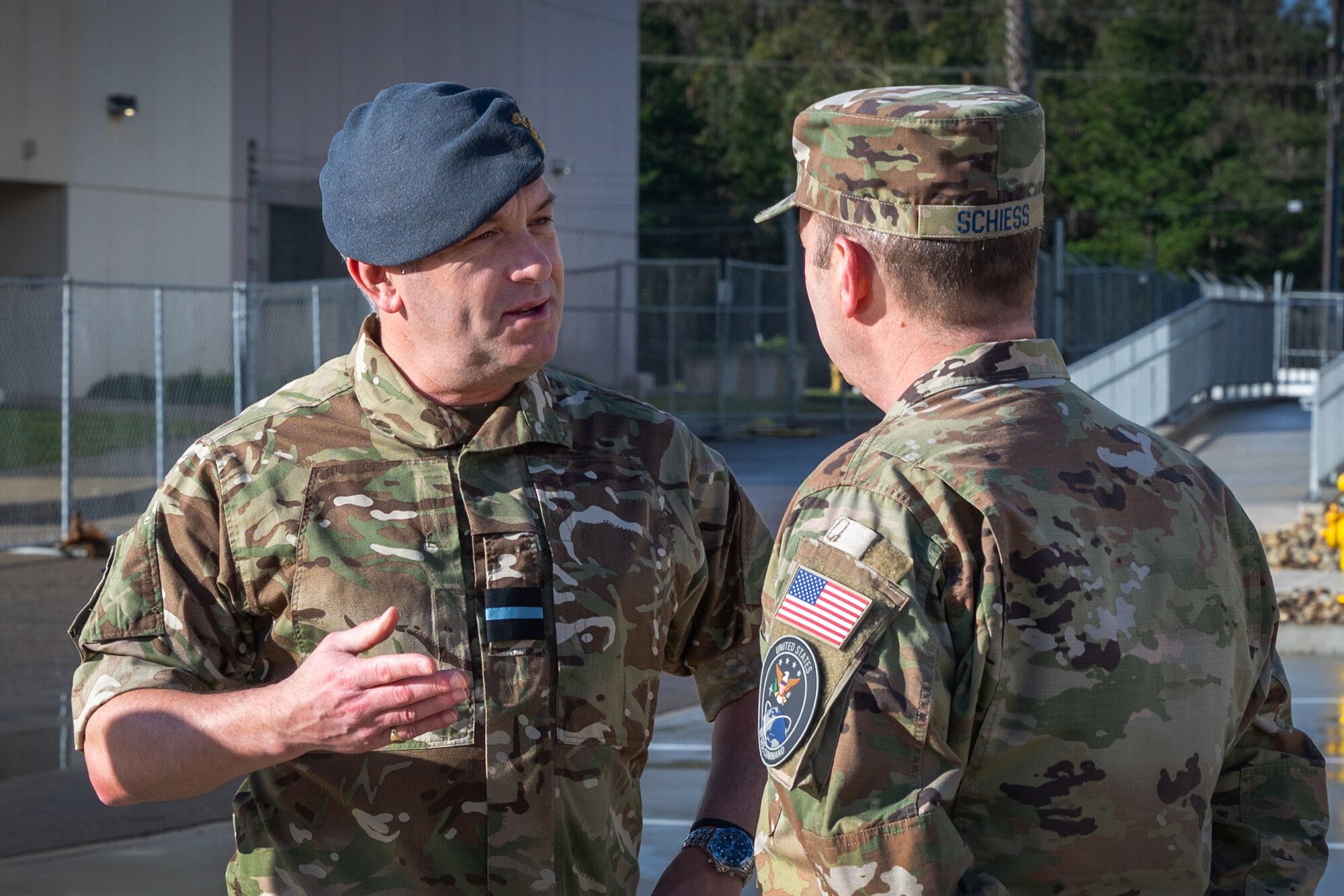U.K. Royal Air Force Air Commodore Adam Bone, U.K. Space Command (UKSPACECOM) director of operations, plans and training, meets with U.S. Space Force Maj. Gen Douglas A. Schiess, Combined Force Space Component Command (CFSCC) commander, at CFSCC headquarters on Vandenberg Space Force Base, Calif., Feb. 27, 2023. Bone's visit aimed to build a deeper understanding of the CFSCC, Combined Space Operations Center (CSpOC) and 18th Space Defense Squadron mission and focus areas in order to strengthen the U.S.-U.K. space partnership and enhance collaboration between the U.K. Space Operations Centers and the CSpOC. (U.S. SpaceForce photo by Tech. Sgt. Luke Kitterman)