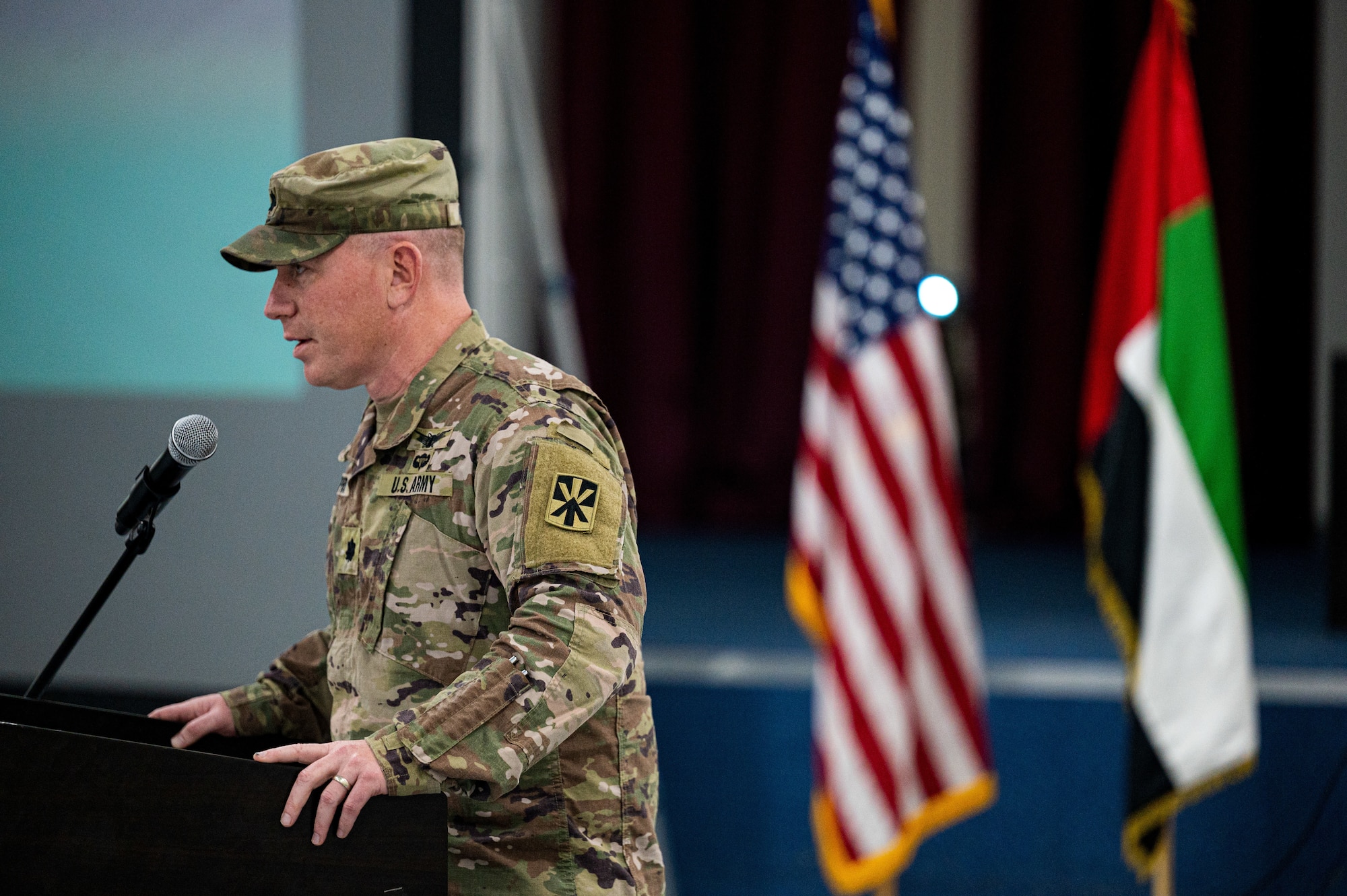 U.S. Army Lt. Col. Kurt Pryor, Commander of the 2nd Battalion 43rd Air Defense Artillery Regiment (2-43 ADA), gives remarks at the Transfer of Authority of 4th Battalion 3rd Air Defense Artillery Regiment (4-3 ADA) as the 2-43 ADA resumes the 4-3 ADA’s responsibilities on Jan. 26, 2023, at Al Dhafra Air Base, United Arab Emirates. The 2-43 ADA arrived at Al Dhafra AB on Jan. 6, 2023, from Ft. Bliss, Texas, and will operate and maintain the Patriot Battery systems at Al Dhafra AB.