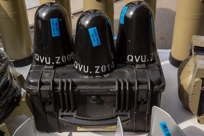 U.S. 5TH FLEET AREA OF OPERATIONS (Feb. 26, 2023) Impact sensor covers seized by the United Kingdom Royal Navy sit pierside during inventory at a military facility in the U.S. 5th Fleet area of operations, Feb. 26, 2023.