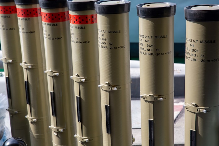 U.S. 5TH FLEET AREA OF OPERATIONS (Feb. 26, 2023) Anti-tank guided missile tubes seized by the United Kingdom Royal Navy sit pierside during inventory at a military facility in the U.S. 5th Fleet area of operations, Feb. 26, 2023.