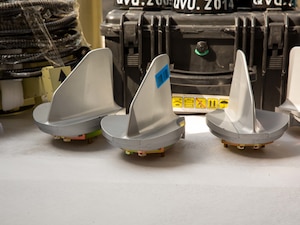 U.S. 5TH FLEET AREA OF OPERATIONS (Feb. 26, 2023) Jet vanes seized by the United Kingdom Royal Navy sit pierside during inventory at a military facility in the U.S. 5th Fleet area of operations, Feb. 26, 2023.