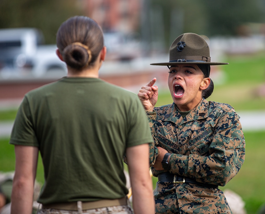 Recruits with Papa Company, 4th Recruit Training Battalion, receive Incentive Training aboard Marine Corps Recruit Depot Parris Island, S.C., on Dec. 14, 2022. IT serves as a tool used by drill instructors to correct recruits' deficiencies and establish discipline. (U.S. Marine Corps photo by Lance Cpl. Trent A. Henry)