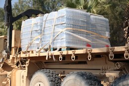 U.S. Army sustainers provide transportation for the movement of pallets of water bottles during a convoy operation in Israel during Juniper Falcon 2023, Feb. 13, 2023. JF23 is a bilateral exercise designed to improve the cooperative defense of Israel between the U.S. and the Israeli Defense Forces.
