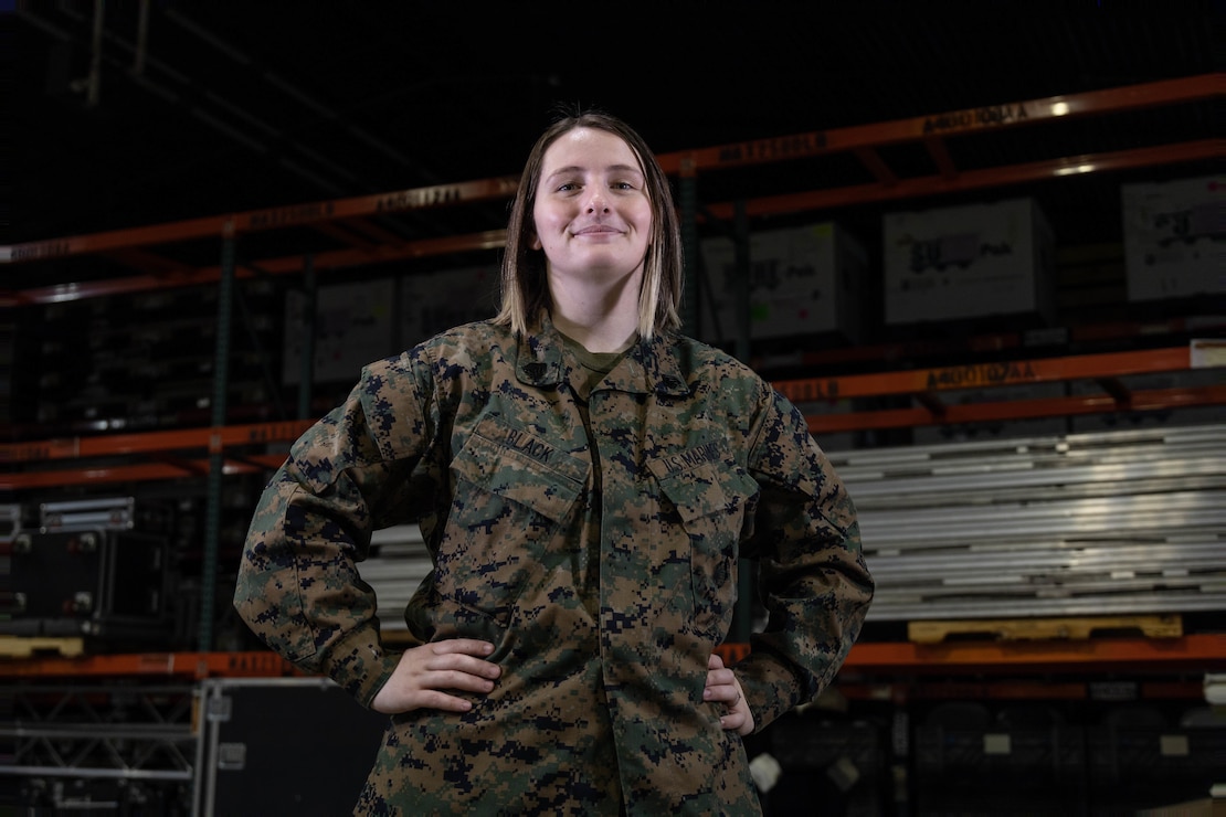 U.S. Marine Corps Sgt. Jennifer J. Black, a supply specialist with Marine Wing Headquarters Squadron (MWHS) 2, poses for a photo at Marine Corps Air Station Cherry Point, North Carolina, Feb. 10, 2023. Black reenlisted in the Marine Corps to help her Marines and her family. MWHS-2 is a subordinate unit of 2nd Marine Aircraft Wing, the aviation combat element of II Marine Expeditionary Force. (U.S. Marine Corps photo by Sgt. Servante R. Coba)