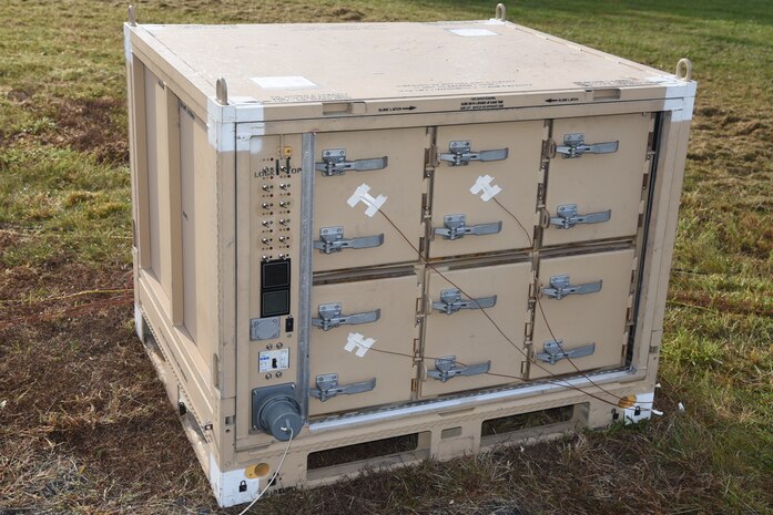 Naval Surface Warfare Center Carderock Division’s Charging-capable Li-ion Autonomous Safe Storage Interservice Container (CLASSIC) before being testing during a battery burn demonstration at the Aberdeen Proving Ground in Maryland. (Photo by Dr. Thomas Hays)