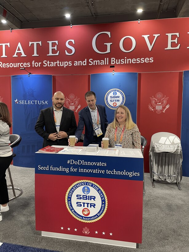 Navy Tabletop at USG Resources for Startups and Small Businesses at CES 2023, Las Vegas, Nevada

Pictured Left to Right: Michael Pyryt (Navy SSP SBIR/RIF PM), Brian Shipley (Navy SBIR/STTR Commercialization PM), and Megan Stokes (Contractor Support).