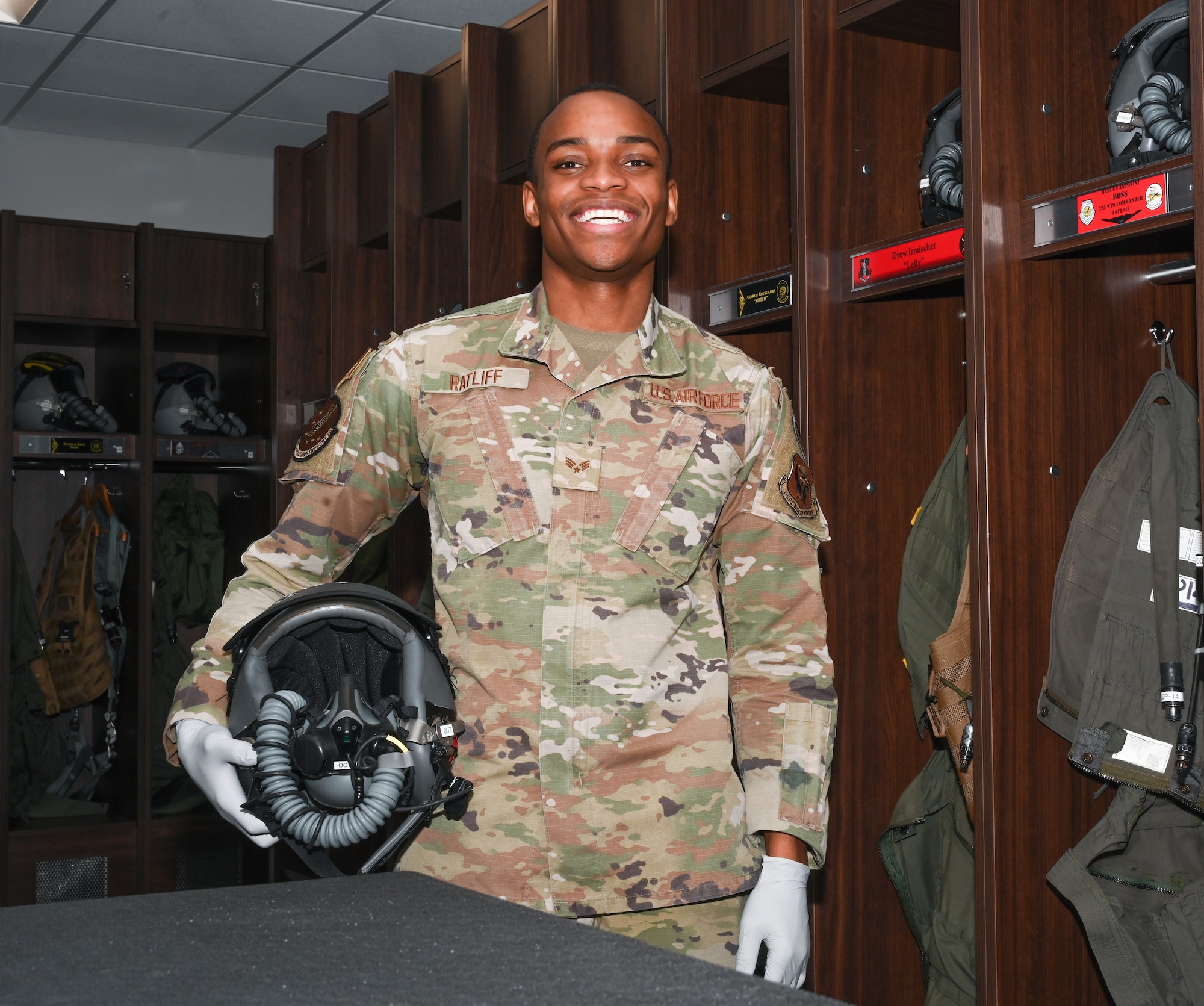 Senior Airman Anthony Ratliff, Aircrew Flight Equipment journeyman, assigned to the  509th Operations Support Squadron, poses for a photo at Whiteman Air Force Base, Missouri, Feb. 13, 2023. Ratliff will be temporarily separating from the Air Force to attend college and the Air Force Reserve Officers’ Training Corps program at Texas State University. (U.S. Air Force photo by Airman 1st Class Hailey Farrell)