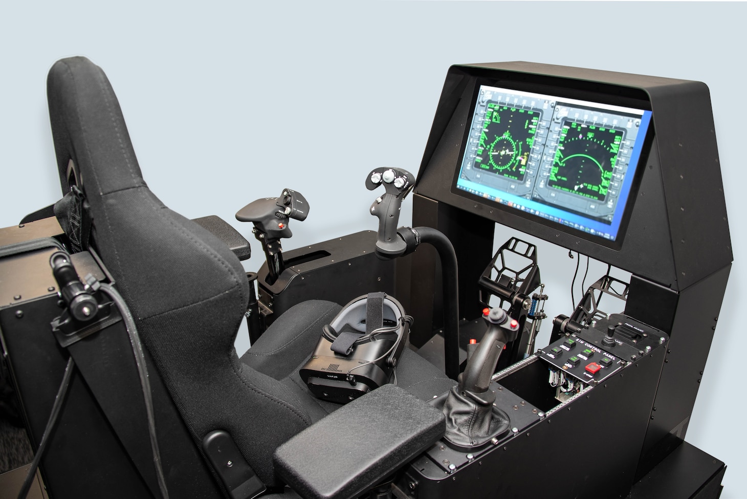 The virtual reality/mixed reality flight simulator at Manned Flight Simulators at Naval Air Station Patuxent River, Maryland, incorporates responsive manual controls and instrument panels as they would be seen by a pilot inside a CMV-22 Osprey.