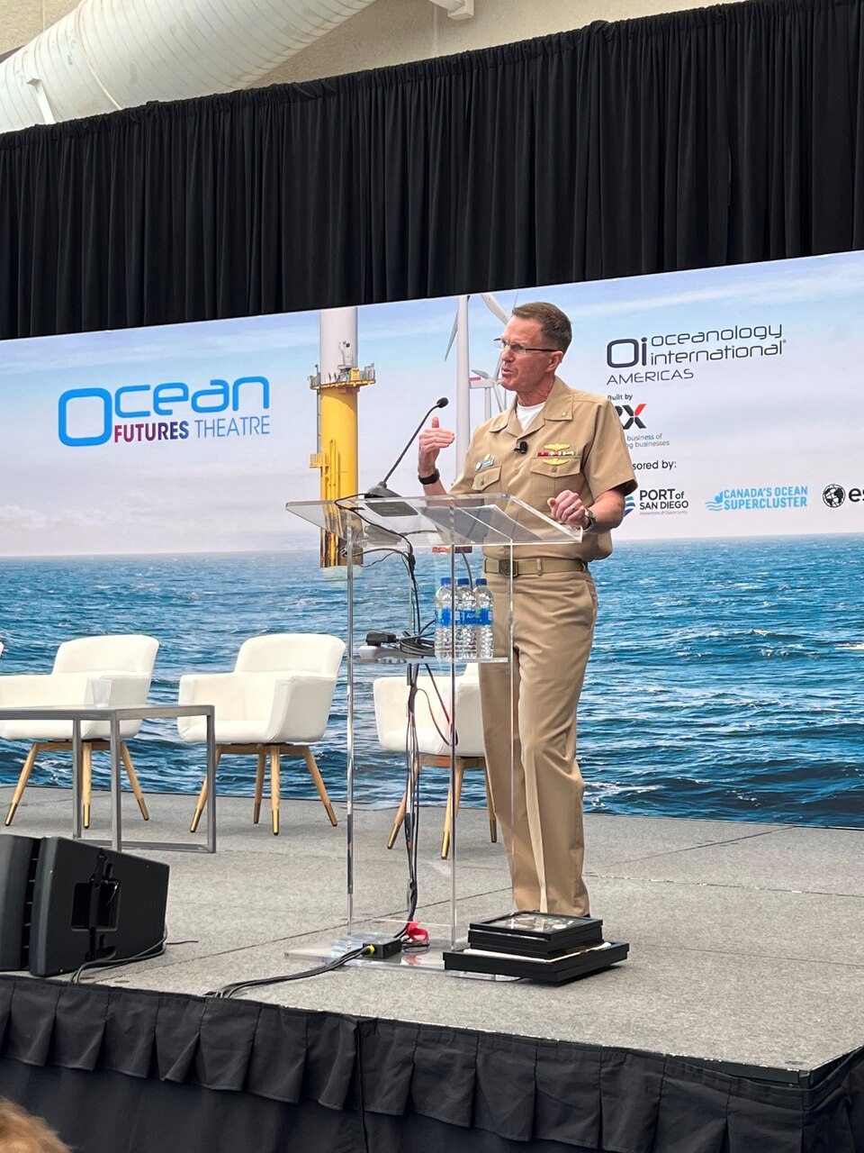 SAN DIEGO, Calif. —Rear Adm. Ron Piret, Commander, Naval Meteorology and Oceanography Command (CNMOC) gave an address as a co-keynote speaker and participated in an in-depth panel discussion during the San Diego-based ocean science, technology, and engineering conference—Oceanology International Americas (OiA) 2023, Feb. 14-16.

Piret highlighted challenges and successes of the Naval Oceanography workforce family, comprised of 2,500 Sailors and Civilians, who are experts on everything science from the ocean floor to the farthest known star;  using that expertise as a critical part of our nation’s Navy.
