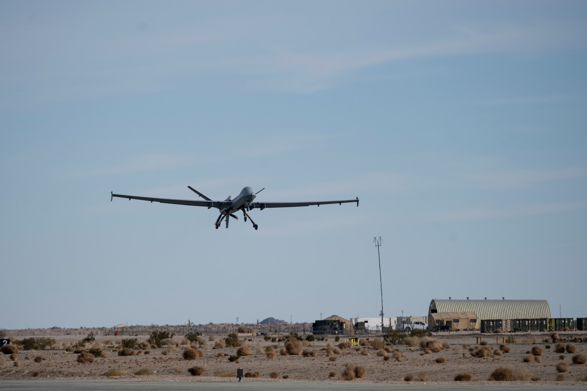 An MQ-9 Reaper assigned to the 49th Wing takes off from a runway at Marine Corps Air Ground Combat Command Center, Twentynine Palms, California, Feb. 16, 2023. This was Holloman Air Force Base’s first Agile Combat Employment launch and recovery operation with a Portable Aircraft Control Station. (U.S. Air Force photo by Staff Sgt. Kristin West)