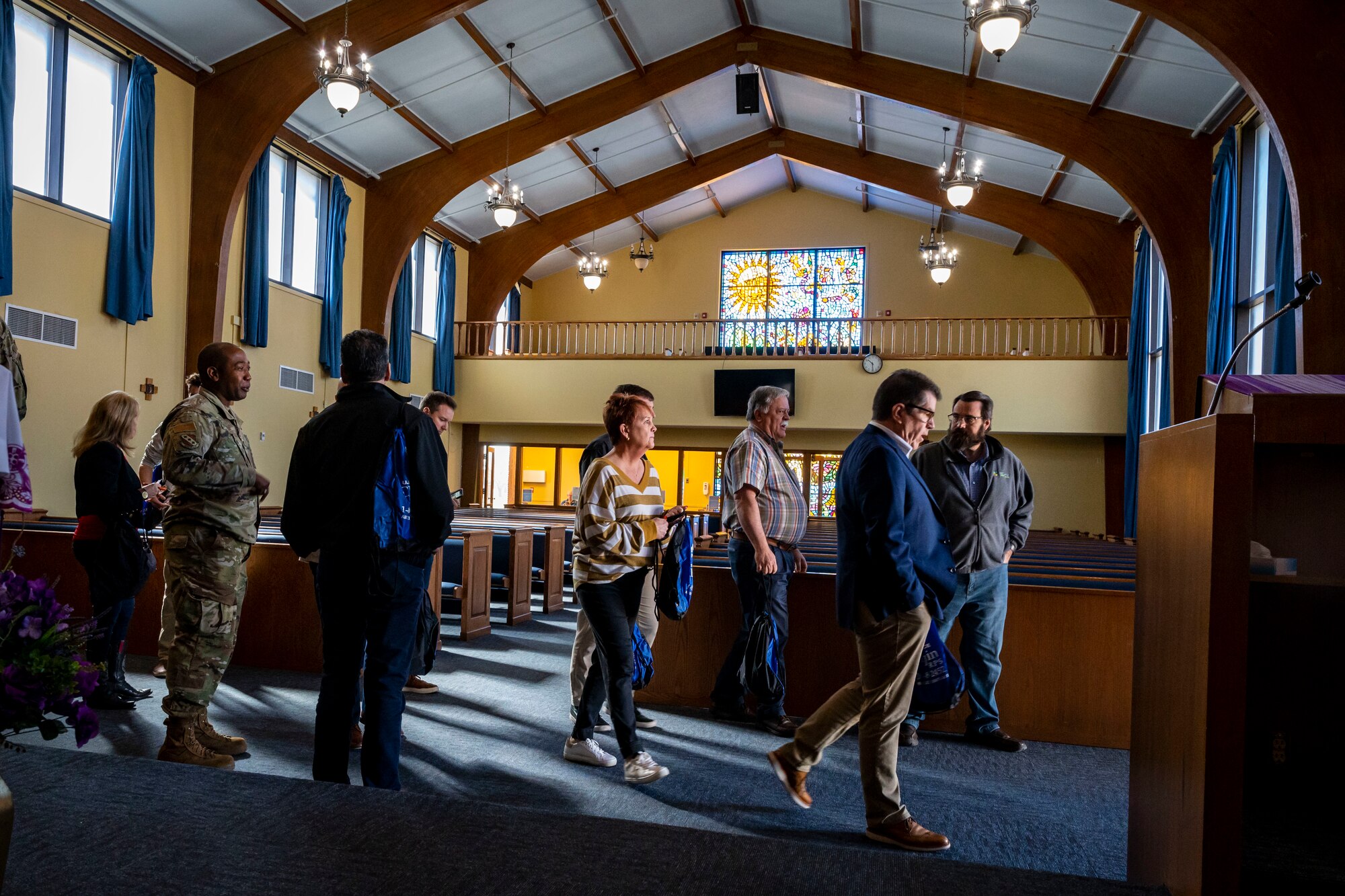 Clergy members from the local community exit the base chapel during the Dyess Clergy Day tour at Dyess Air Force Base, Texas, Feb. 28, 2023. Clergy Day is an annual event the Dyess AFB Chaplain Corps hosts to forge rapport and relationships with local clergy of all faith backgrounds who support the Dyess community. (U.S. Air Force photo by Senior Airman Leon Redfern)
