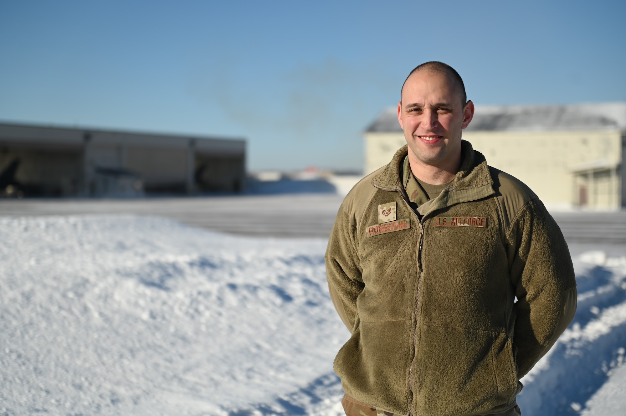 U.S. Air National Guard airfield management operations specialist, Staff Sgt. Matt Florestano poses for a photo at the 148th Fighter Wing, Minnesota Air National Guard on February 24, 2023. Florestana is one of seven airmen assigned to the 148th Fighter Wing who earned the highest possible ASVAB AFQT score of 99.