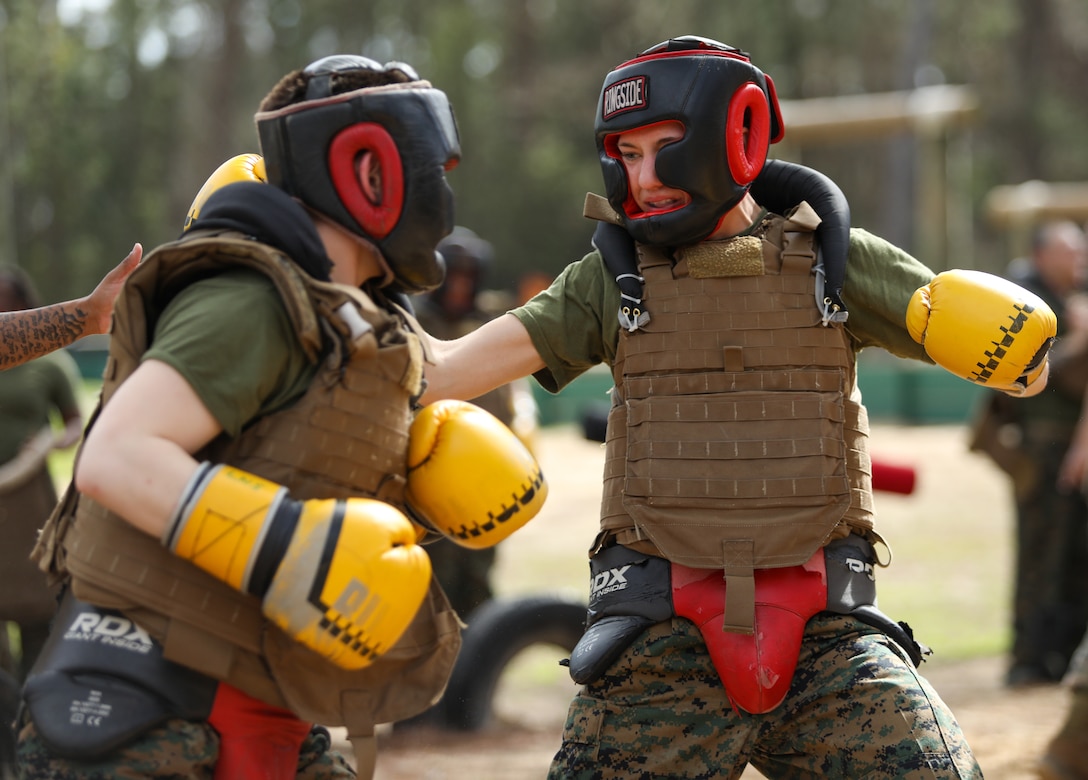 Recruits with Hotel Company, 2nd Recruit Training Battalion, practice body sparring aboard Marine Corps Recruit Depot Parris Island, S.C., Feb. 8, 2023.
Body sparring is an exercise that exemplifies the fundamentals of Marine Corps Martial Arts and forces recruits to overcome physical exhaustion and mental fatigue. 



(U.S. Marine Corps photos by LCpl. Brenna Ritchie)