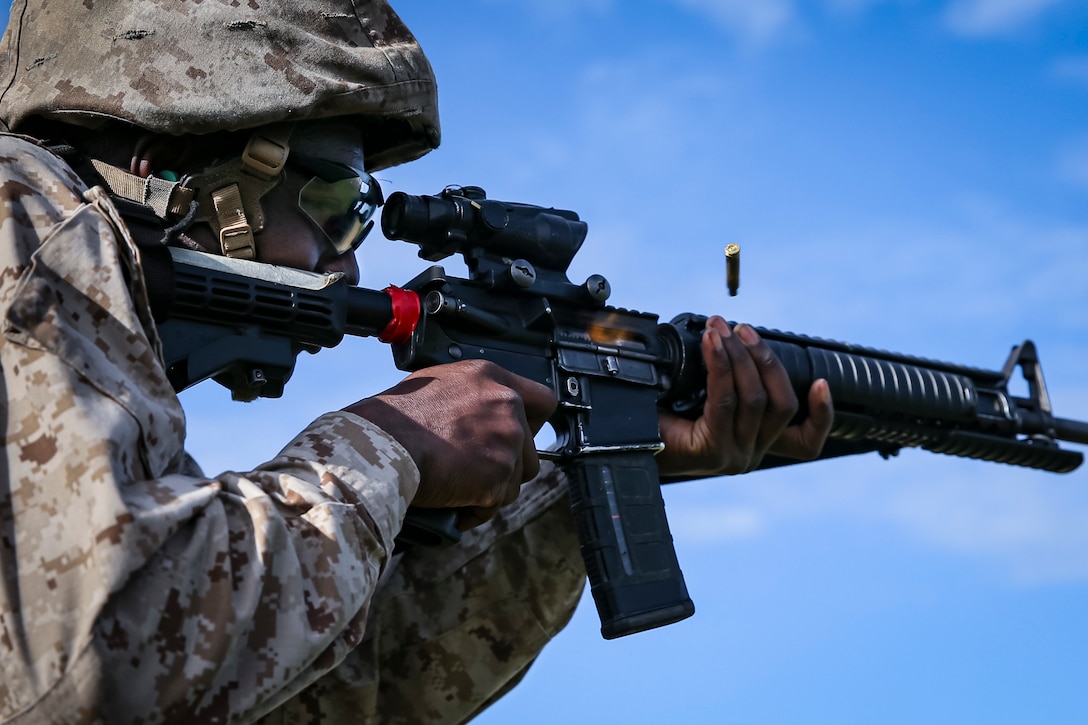 A recruit with Golf Company, 2nd Recruit Training Battalion, conducts Table 2 course of fire while aboard Marine Corps Recruit Depot Parris Island, S.C., Feb 09, 2023. In Table 2 recruits learn how to fire at targets within close range in various positions.