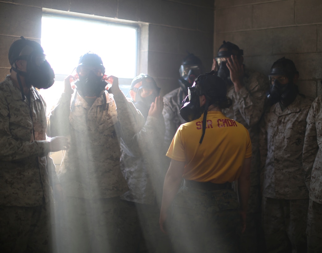 Recruits with Hotel Company, 2nd Recruit Training Battalion, complete the gas chamber at Marine Corps Recruit Depot Parris Island, S.C., Feb. 13, 2023. Training for chemical, biological, radiological, and nuclear defense training exposes Recruits to gas agents, in order to familiarize them with the use of a gasmask. (U.S. Marine Corps photo by Pfc. Mary Jenni)
