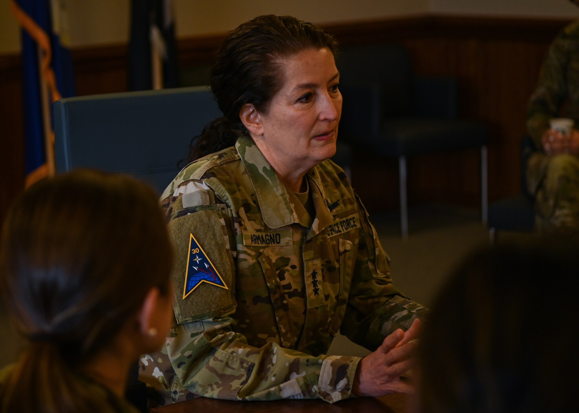 Lt. Gen. Nina Armagno, U.S. Space Force Headquarters director of staff, engages in conversation with company grade officers at Vandenberg Space Force Base, Calif., Feb. 23, 2023. Armagno has over 34 years of operational experience as a career space operator. (U.S. Space Force photo by Senior Airman Tiarra Sibley)