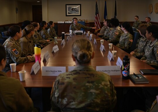 Lt. Gen. Nina Armagno, U.S. Space Force Headquarters director of staff, speaks with company grade officers at Vandenberg Space Force Base, Calif., Feb. 23, 2023. Armagno is the only person to have commanded both the 30th Space Wing and the 45th Space Wing. (U.S. Space Force photo by Senior Airman Tiarra Sibley)
