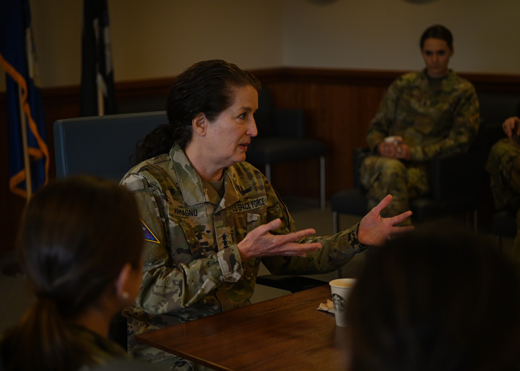 Lt. Gen. Nina Armagno, U.S. Space Force Headquarters director of staff, engages in conversation with company grade officers at Vandenberg Space Force Base, Calif., Feb. 23, 2023. Armagno has over 34 years of operational experience as a career space operator. (U.S. Space Force photo by Senior Airman Tiarra Sibley)