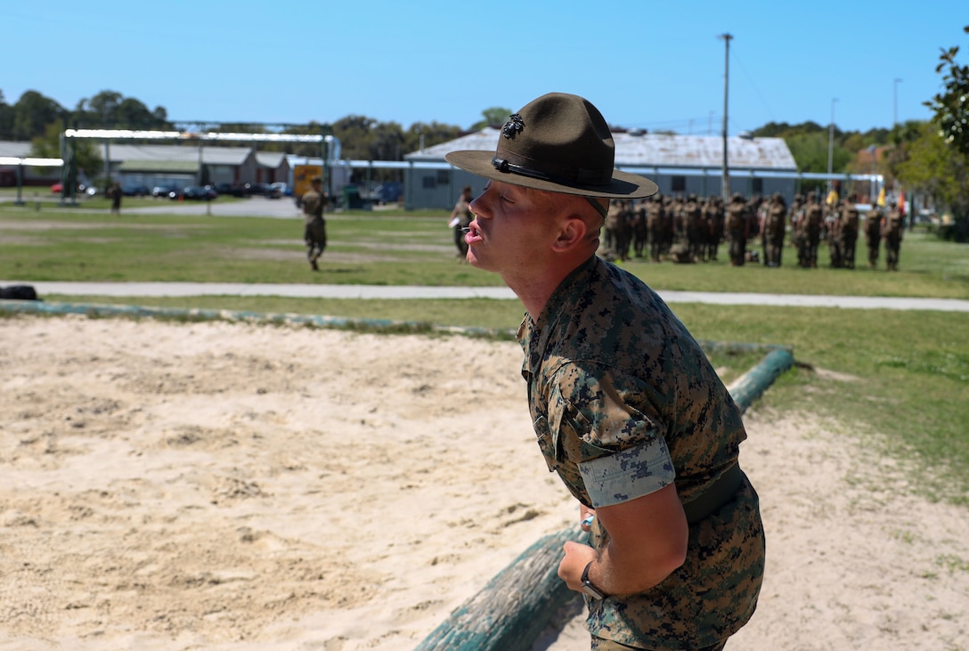 Recruits with Alpha Company, 1st Recruit Training Battalion, receive Incentive Training (IT) aboard Marine Corps Recruit Depot Parris Island, S.C., on March 28, 2022. IT serves as a tool used by drill instructors to correct recruit’s deficiencies and establish discipline.(U.S. Marine Corps photo by Lance Cpl. Dakota Dodd)