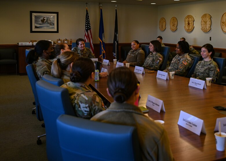 Lt. Gen. Nina Armagno, U.S. Space Force Headquarters director of staff, speaks with company grade officers at Vandenberg Space Force Base, Calif., Feb. 23, 2023. Armagno also served as U.S. Strategic Command director of plans and policy, at Offutt Air Force Base, Nebraska. (U.S. Space Force photo by Senior Airman Tiarra Sibley)