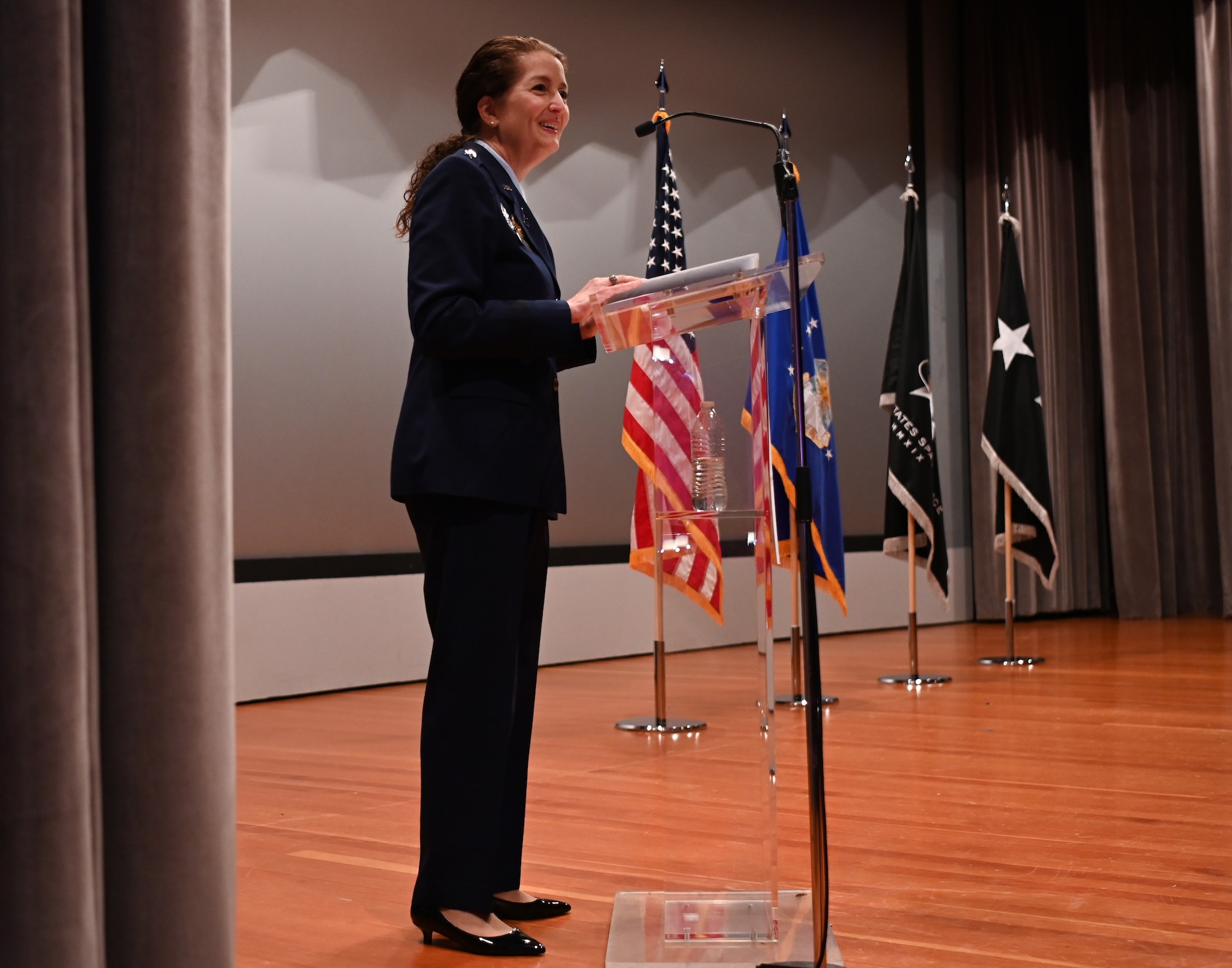 Lt. Gen. Nina Armagno, U.S. Space Force Headquarters director of staff, speaks at the 533rd Training Squadron graduation ceremony at Vandenberg Space Force Base, Calif., Feb. 24, 2023. Armagno is responsible for synchronizing policy, plans, positions, procedures, and cross functional issues for the U.S. Space Force headquarters staff. (U.S. Space Force photo by Senior Airman Tiarra Sibley)