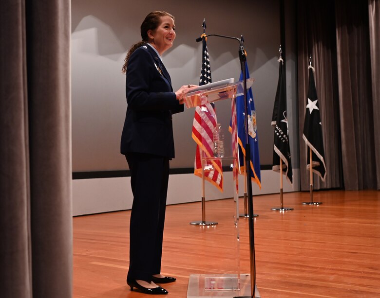 Lt. Gen. Nina Armagno, U.S. Space Force Headquarters director of staff, speaks at the 533rd Training Squadron graduation ceremony at Vandenberg Space Force Base, Calif., Feb. 24, 2023. Armagno is responsible for synchronizing policy, plans, positions, procedures, and cross functional issues for the U.S. Space Force headquarters staff. (U.S. Space Force photo by Senior Airman Tiarra Sibley)