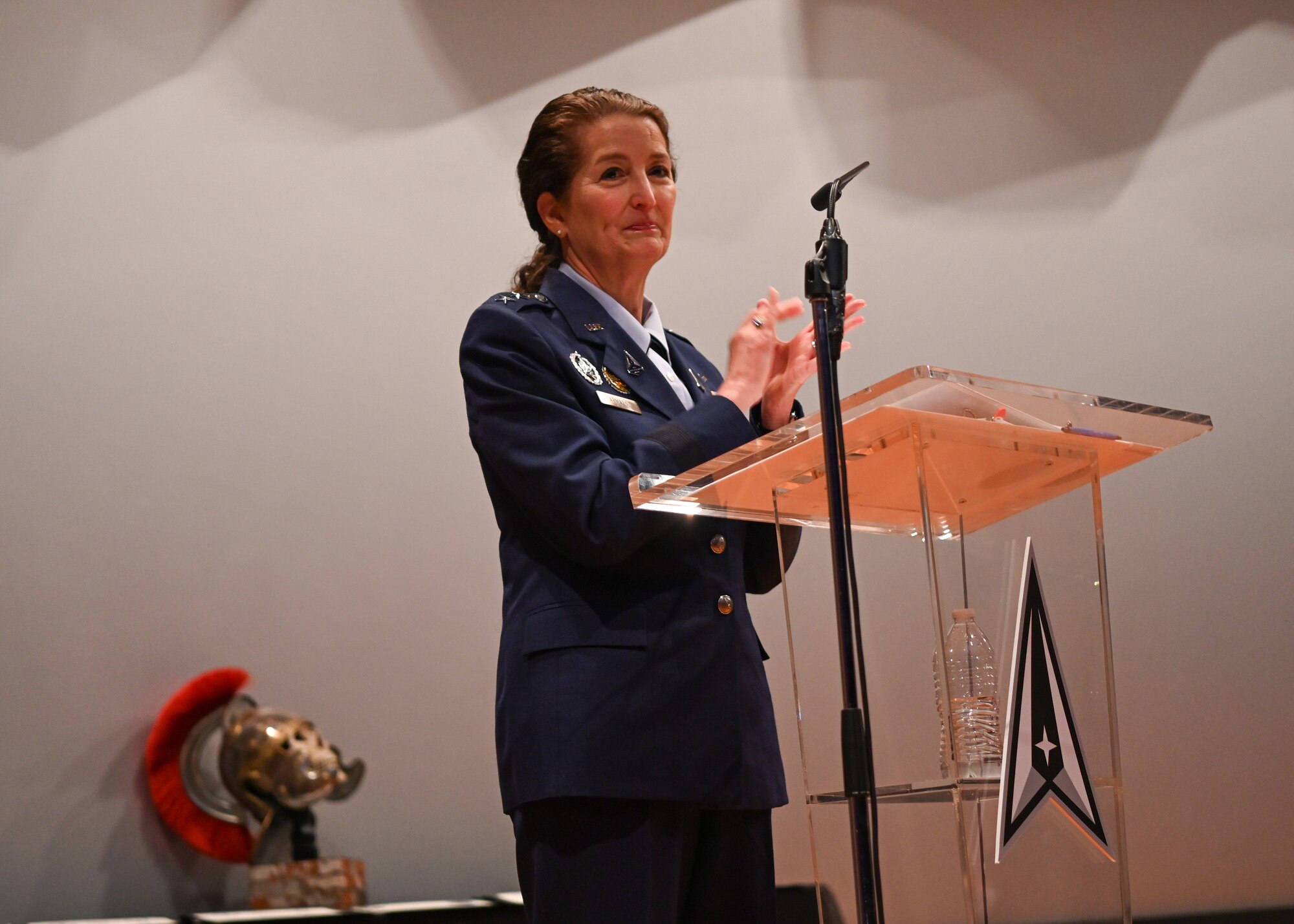 Lt. Gen. Nina Armagno, U.S. Space Force Headquarters director of staff, speaks at the 533rd Training Squadron graduation ceremony at Vandenberg Space Force Base, Calif., Feb. 24, 2023. Armagno earned her commission and graduated from the U.S. Air Force academy with a Bachelor of Science in biology in June 1988. (U.S. Space Force photo by Senior Airman Tiarra Sibley)
