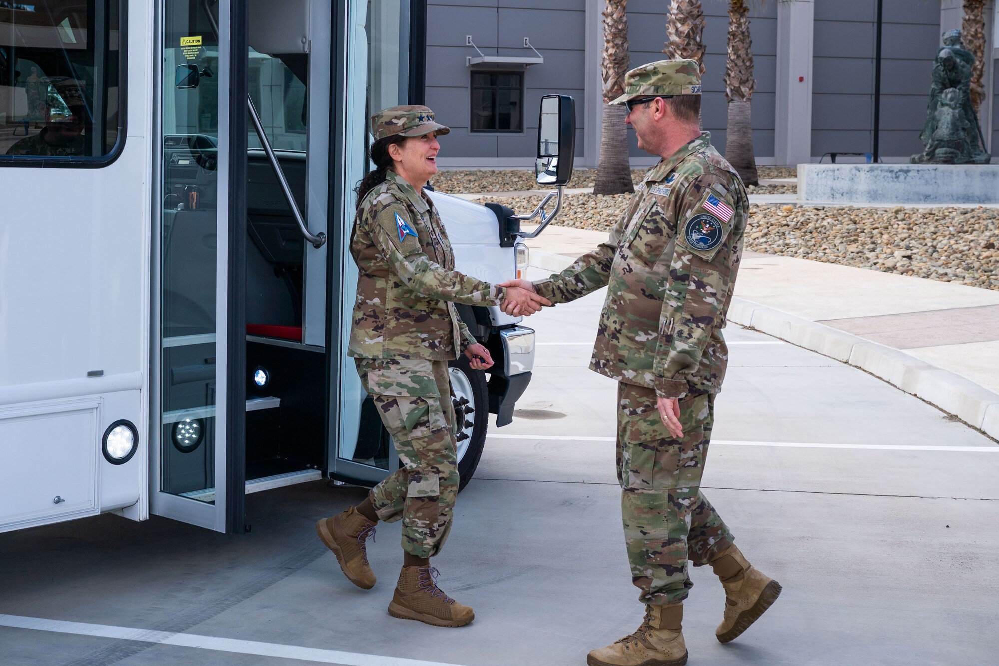 U.S. Space Force Maj. Gen. Douglas A. Schiess, Combined Force Space Component Command commander, greets U.S. Space Force Lt. Gen. Nina M. Armagno, U.S. Space Force Director of Staff, during a visit to Vandenberg Space Force Base, CA, Feb. 23, 2023. Armagno synchronizes policy, plans, positions, procedures and cross functional issues for the Space Force Headquarters staff and is a career space operator with over 34 years of experience. (U.S. Space Force photo by Tech. Sgt. Luke Kitterman)