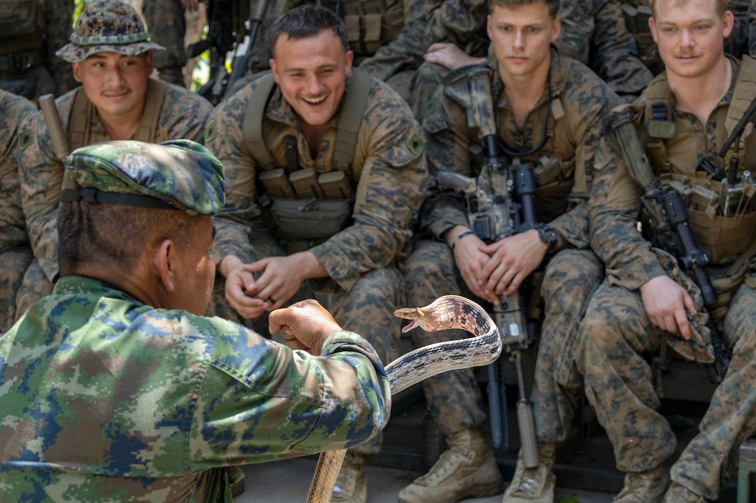 A Thai marine holds a snake as U.S. Marines watch.