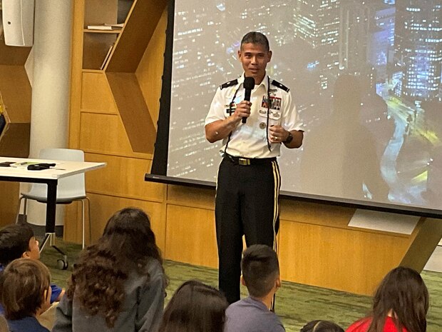 U.S. Army Brig. Gen. Lance Okamura, Joint Task Force - Red Hill (JTF-RH) director of strategic engagement, shares his background as a Kamehameha Schools graduate and his roles and responsibilities at JTF-RH during a visit to Kamehameha Schools, Hawaii, Feb. 23, 2023. Members of JTF-RH and Naval Facilities Engineering Systems Command visited Kamehameha Schools to provide students educational information about the JTF-RH mission and the Red Hill Bulk Fuel Storage Facility. (Photo courtesy of Kamehameha Schools)