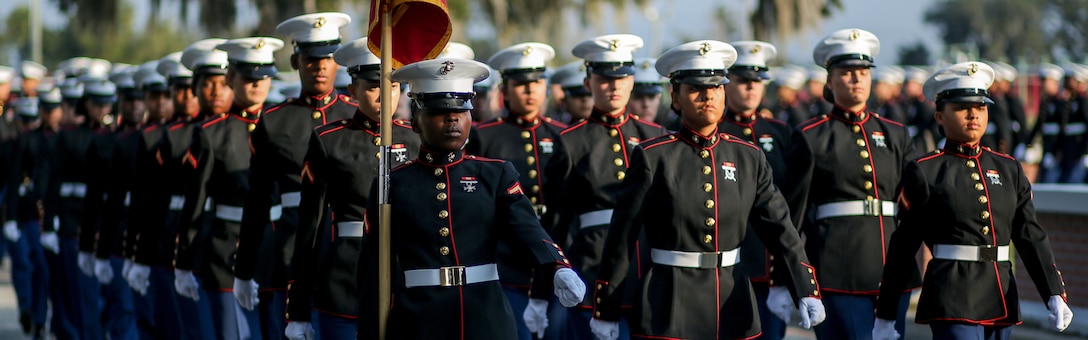 Recruits with Hotel Company, 2nd Recruit Training Battalion, march to the Peatross Parade Deck in their Dress Blues aboard Marine Corps Recruit Depot, Parris Island, SC, Dec. 9, 2022. These Marines have spent 13 weeks working on close-order drill, marksmanship, and traditions of the Marine Corps (U.S. Marine Corps Photo by Lance Cpl. Blake Gonter)